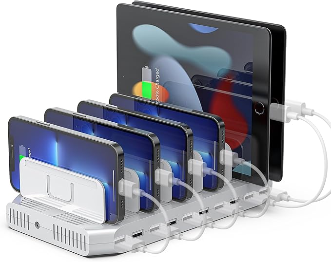 【5PCS】Unitek 10-Port Charging Station, USB Charger Dock for Multiple Device | Multi Charging Dock Smart IC Tech Adjustable Dividers USB Type A Fast Charging Stand for iPad, Tablet, Kindle, iPhone, Family by Unitek