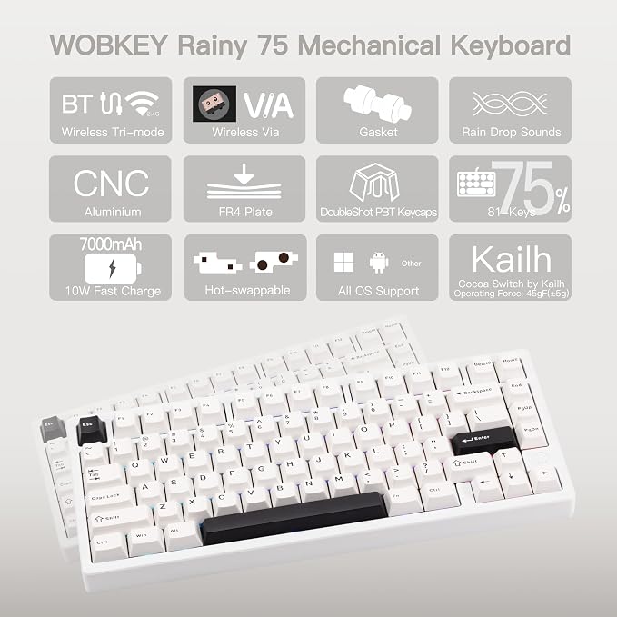 KEEBMONKEY WOBKEY Rainy 75 CNC Aluminum HMX/JWK/Cocoa Switches Triple-Mode Connectivity Mechanical Keyboard with Superior Acoustics, RGB/FR4/Silver SUS304/7000mAh/Cocoa Switch (Pro - Luna) - Image 2