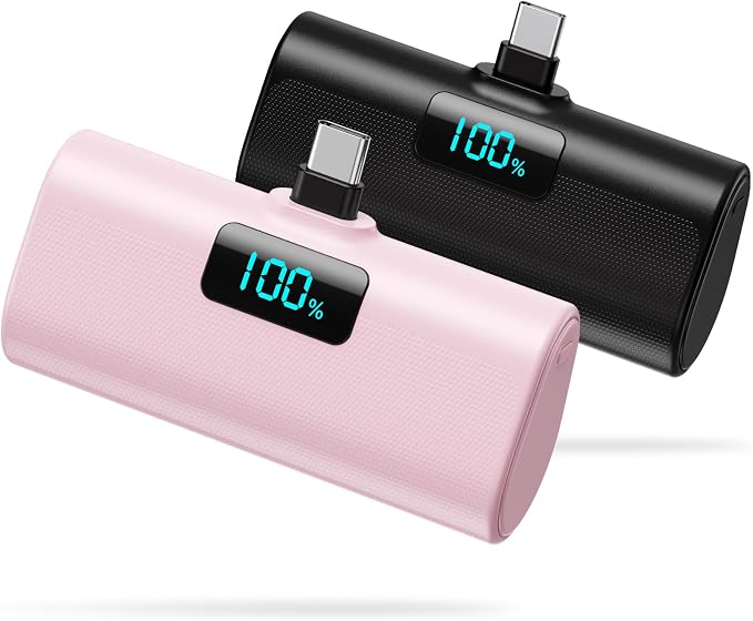 [2-Pack]Portable Charger for iPhone 16/15 Series,5200mAh PD USB C Power Bank Built-in USB-C Connector,Battery Pack Compatible with iPhone 16/16 Plus/16 Pro/16 Pro Max/15 Series,Android (Black+Pink) by HETP