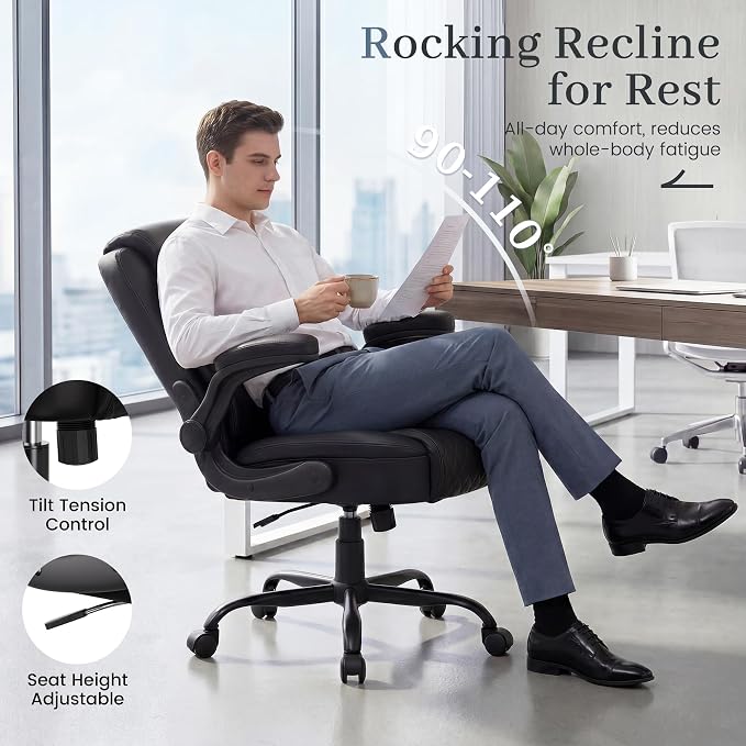 GTPOFFICE Executive Office Chair with Comfortable Lumbar Support, Ergonomic Gaming Chair with Flip-up Armrests & Zoned Pressure-Relief Cushion, Comfy PU Leather Desk Chair, Black - Image 7
