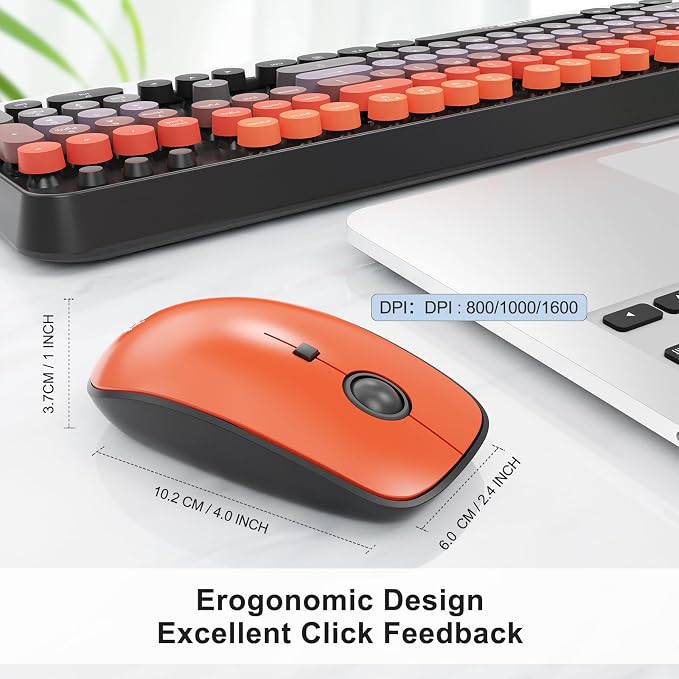 Wireless Keyboard and Mouse Combo, 104 Round Keys Cute Colorful Keyboard and Mouse with Retro Typewriter for PC Mac Laptop Tablet Computer Windows Black Red - Image 4