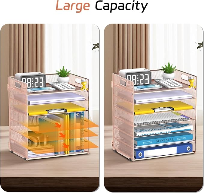 7 Tier Paper Organizer for Desk with Letter Trays and Handle Rose Gold | Desk File Organizer with Handle for Sorting Papers, Files, Folders, Mail, Bills and Office Supplies - Image 5