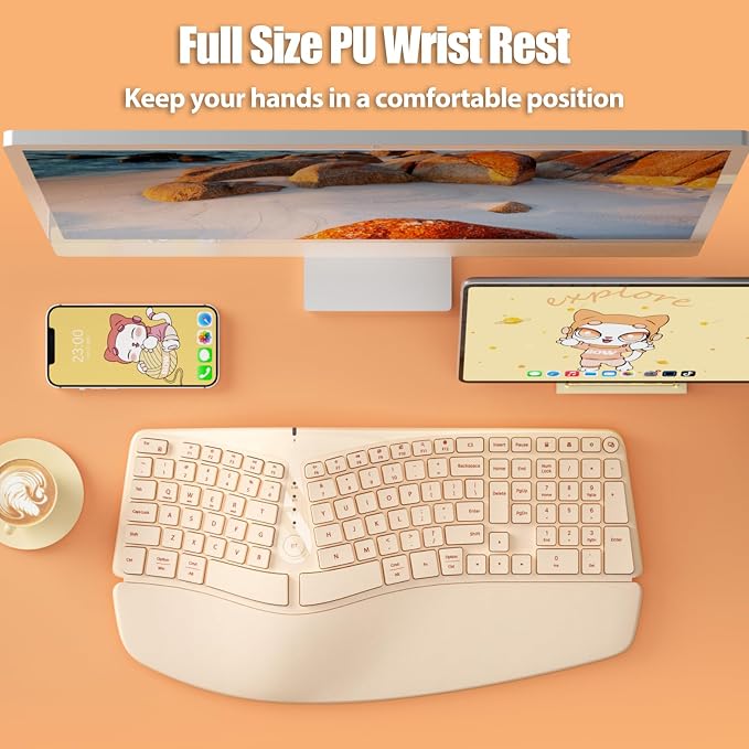 Split Ergonomic Keyboard Wireless with Cushioned Wrist & Palm Rest | Wireless 2.4G/Bluetooth/Wired USB-C, Comfortable Natural Typing, Compatible with Windows/Mac/PC/Laptop, Milk Tea - Image 3