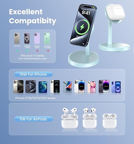 Magnetic Wireless Charger iPhone, 2 Pack 15W Fast Mag-Safe Charger Stand for iPhone 17/17 Air/17 Pro/17 Pro Max 16/15/14/13/12 Series, Wireless Charging Station for Pad/AirPods(Blue) - Image 5