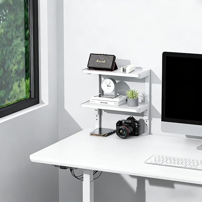 Spacrea Clamp on Desk Shelf, 2 Tier Office Desk Shelves Organizer, Wood Desktop Supplies Storage Rack, Desk Organizers and Accessories (White) - Image 2