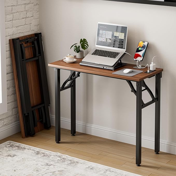 Small Folding Computer Desk – 35.8 Inch Portable Table for Craft and Study, Lightweight Desk for Small Spaces, Foldable Laptop Table Built-in AC/USB Outlets for Convenience, Dark Walnut by Frylr