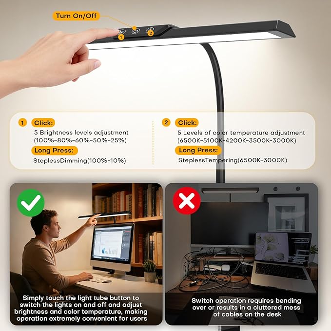 LED Desk Lamp with Clamp, Stepless Dimming Flicker-Free for Home Office | Architect Lamp, DC Adapter, 25 Modes, 12.8in Flexible Gooseneck, Eye-Friendly for Workbench & Reading - Image 5