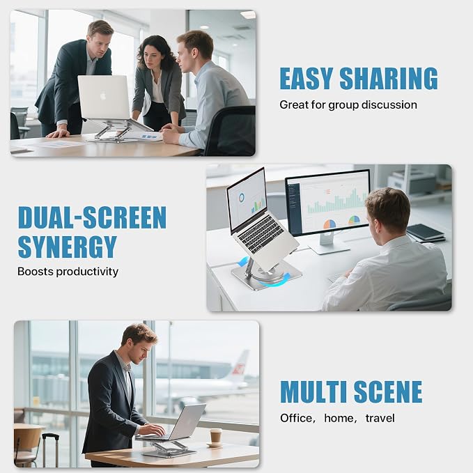 Laptop Stand for Desk, Adjustable Height & Angle Portable Aluminum Laptop Riser & Monitor Stand with 360° Swivel, Foldable Ergonomic Computer Stand for 10-17 Inch Laptops (MacBook/Dell/HP), Silver. - Image 5