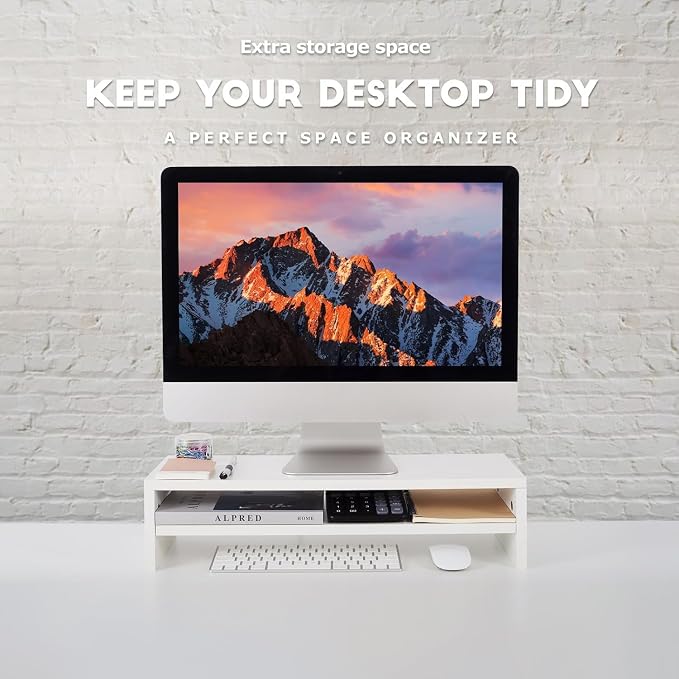 BEYGORM Monitor Stand Riser, White, 21.6 inch, 2 Tiers Wood Desk Shelf | For Full Keyboard, Computer Screen Stand with Storage for Desktop Laptop/Screen/TV/PC/Printer 21.6"L x 7.8"W x 5.2"H - Image 2