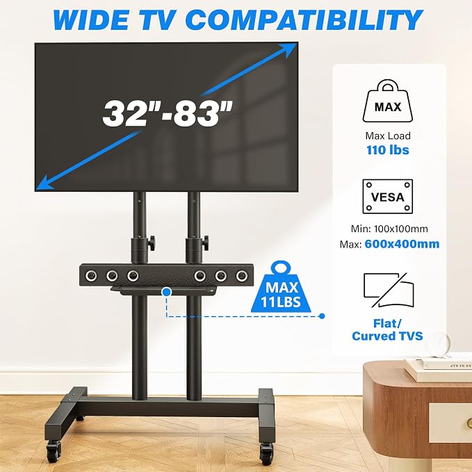 Rfiver Mobile TV Cart Rolling TV Stand for 32-83 Inch Screens up to 110lbs | Portable TV Stand on Wheels with Height Adjustable Shelf, Outdoor TV Stands Mount for Home Office MAX VESA 600x400mm, Black - Image 5
