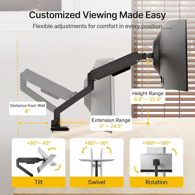 monTEK Single Monitor Arm for Max 45 Inch Ultrawide Screens, Holds 35 Lbs | Adjustable Monitor Desk Mount with C Clamp/Grommet Desk Mount, Cable Management, VESA 75/100mm, Black - Image 4