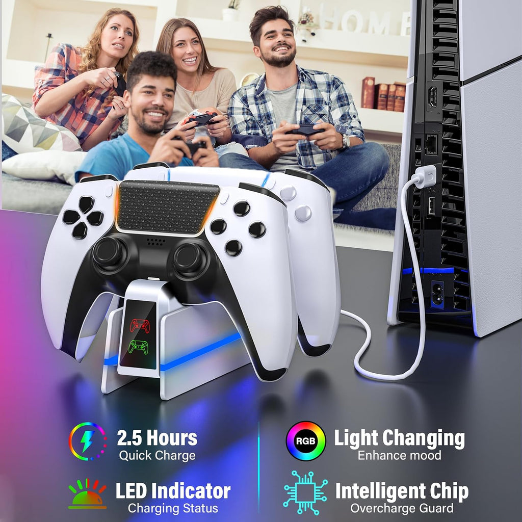 PS5-Controller-Charger-Station - Charging Station for PlayStation 5 Dualsense/Edge Controller with 9 Color Led Light, Fast Charging Dock & Holder Stand for PS5/Slim/Pro Remote - Whole White - Image 4