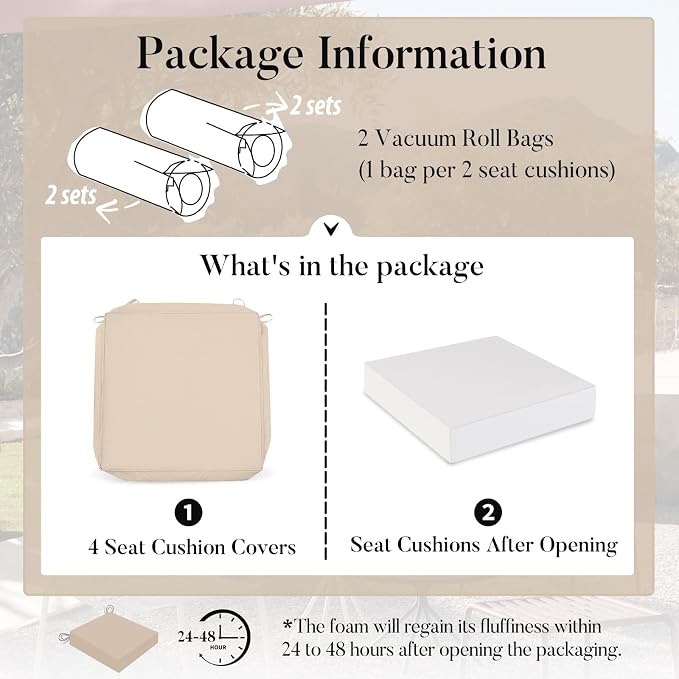 Basic Beyond Outdoor Chair Cushions for Patio Furniture, Waterproof Outdoor Seat Cushions Set of 4 19 x 19, Patio Chair Cushions Set of 4 with Ties and Handle, Beige White - Image 7