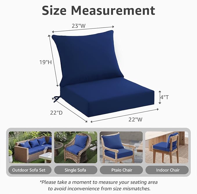 PatioGlow Outdoor Seat Cushion Set 22 x 22 x 4 Inch, Waterproof & Fade Resistant Patio Furniture Cushions with Removable Cover and Ties, Thick Deep Seating Pads for Outside Chair Sofa Couch, Blue - Image 4