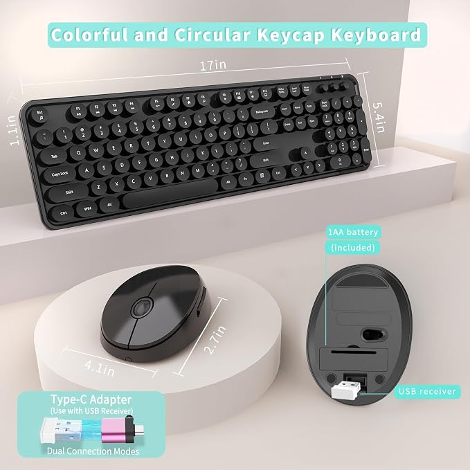 Wireless Keyboard and Mouse Combo, Ergonomic Full Size Typewriter Retro Round Keycaps Keyboard, Compatible with Windows, PC, Perfer for Home and Office Keyboards (Black - Image 5
