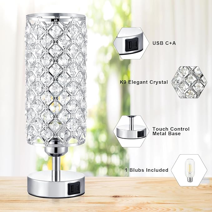 Crystal Table Lamp, 3 Way Dimmable Touch Lamps for Night Stands, Sliver | Crystal Table Lamp with Touch Control, Bedroom Light for Nightstand,Sliver - Image 8