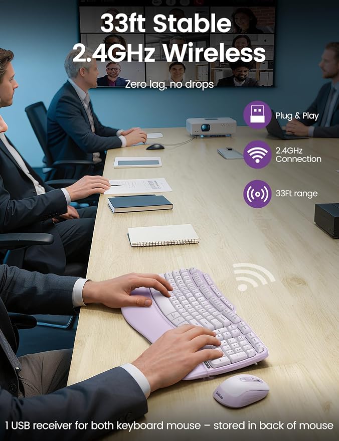 Purple Ergonomic Wireless Keyboard and Mouse Combo, Sablute 2.4G Full Size Ergo Wave Key Board with Cushioned Plam Rest, Natural Typing, 3 DPI Adjustable Silent Mouse for Computer/Laptop/Windows/Mac - Image 4