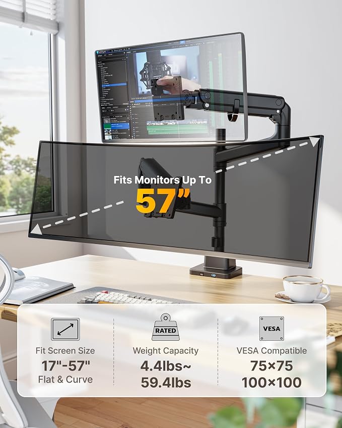 monTEK Dual Monitor Arm, Vertical Stackable 57", Heavy Duty with USB Black | Vertical Stackable Gas Spring Arm For 17–57" Ultrawide Monitors,Up To 59.4 Lbs Each, 75/100 VESA Mount with USB 3.0A/C - Image 2