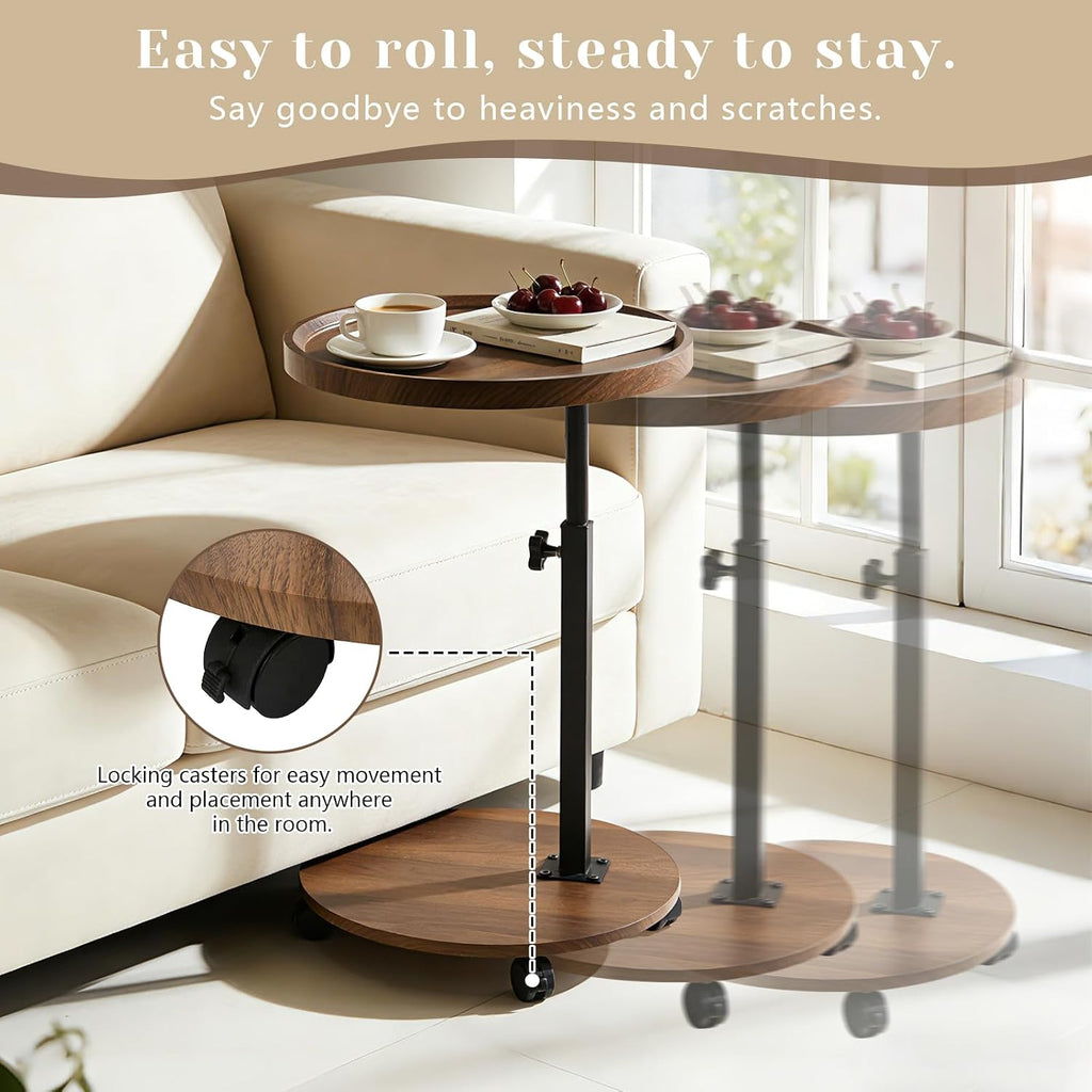 C Table End Table Adjustable Height, Couch Tables That slide under for Small Spaces, 360°Swivel TV Tray Table, C Shaped Side Tables Living Room and Bedroom for Sofa, Bed, Chair, Snack (Walnut Brown) - Image 4