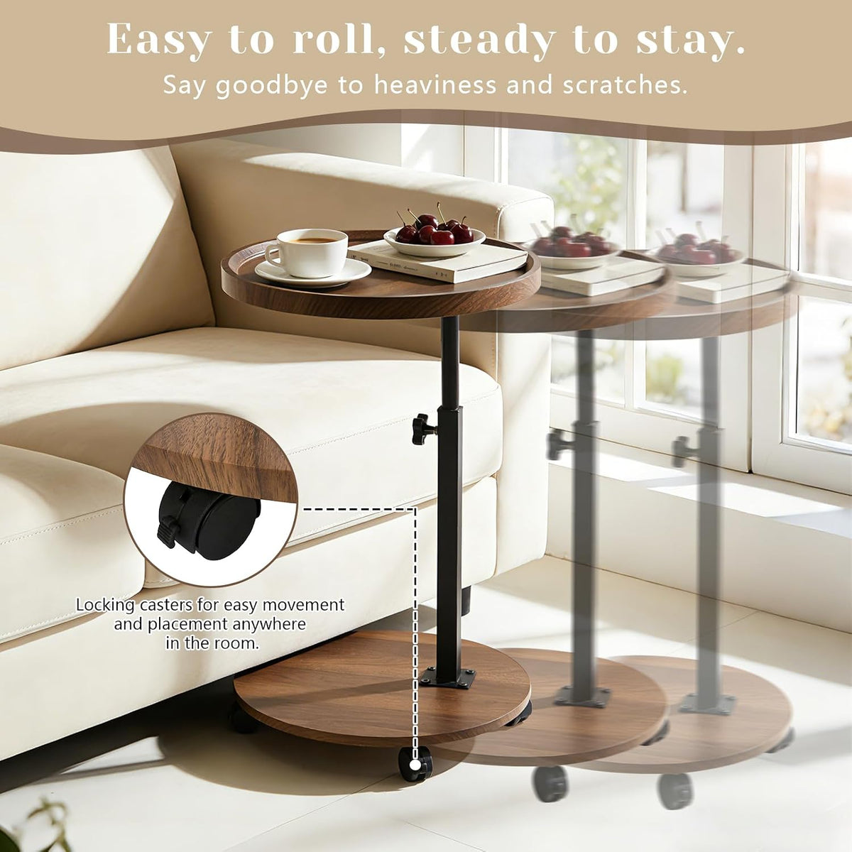 C Table End Table Adjustable Height, Couch Tables That slide under for Small Spaces, 360°Swivel TV Tray Table, C Shaped Side Tables Living Room and Bedroom for Sofa, Bed, Chair, Snack (Walnut Brown) - Image 4