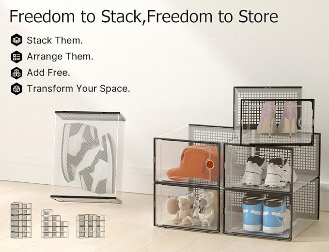 Kuject X-Large Shoe Storage Boxes 12 Pack, Clear Stackable Shoe Organizer | Shoe Case for Closet, Entryway & Under-Bed Storage, Drop-Front Design, Space-Saving Solution for Family Organization,Black - Image 9