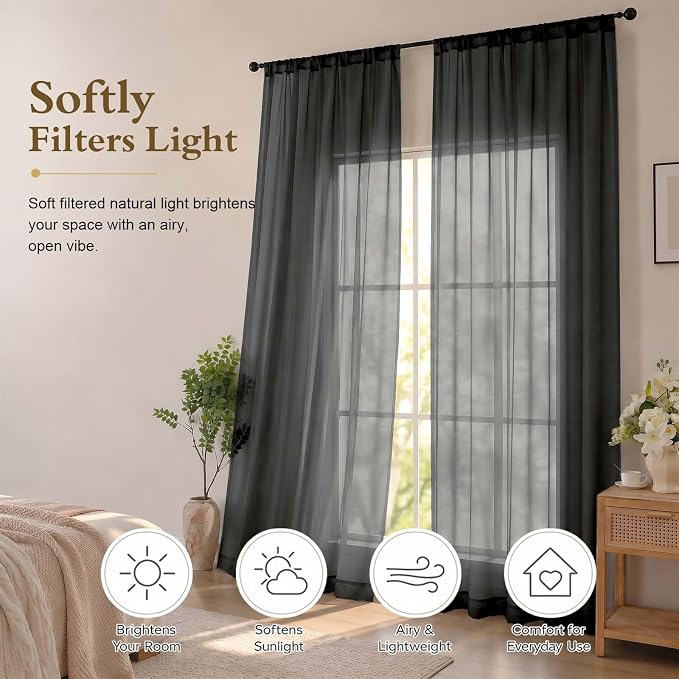 Black Sheer Curtains 96 inches Long for Bedroom 2 Panels Set | Elegant Airy Sheer White Curtain for Living Room, Light Filtering Voile Window Treatments, Rod Pocket, Each Panel 42 X 96 In - Image 2
