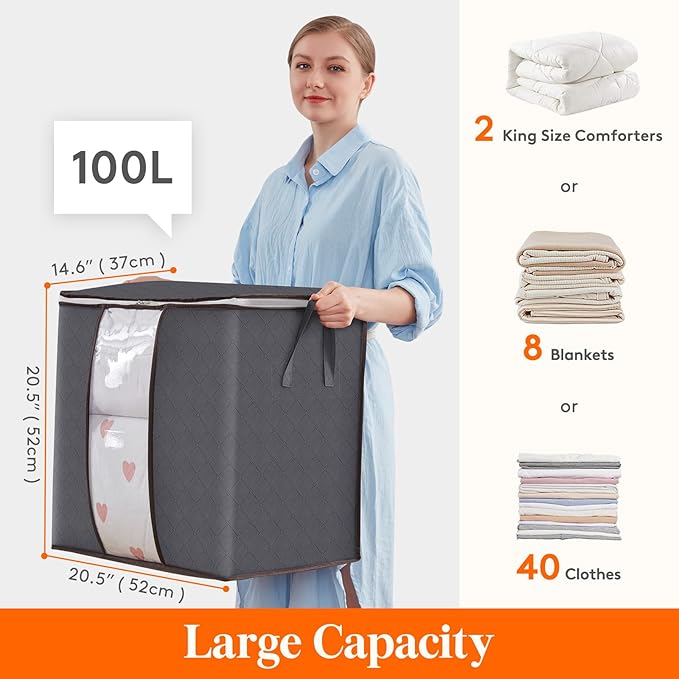 Lifewit 6 Pack 100L Clothes Storage Bins with Lids, Foldable Blanket Storage Bags with Zippers, Clear Window and Reinforced Handles, Closet and Organization for Clothing, Sweater, Comforter, Bedding - Image 2