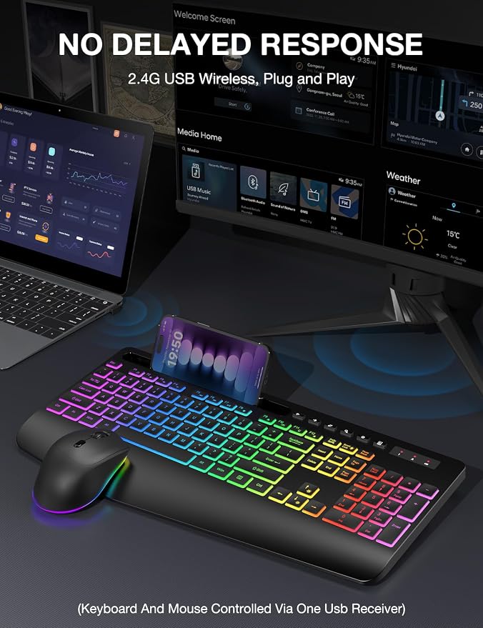 Wireless Keyboard and Mouse Combo - 9 Backlit Effects, 2.4GHz | Ergo Wrist Rest, Phone Holder, Full Size, Rechargeable, Sleep Mode, KM22 MAX Quiet Set for Computer, PC, Laptop, Mac, Windows - Image 7