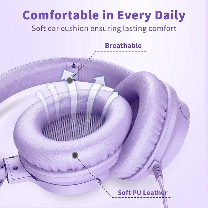 Botesty Sound Headphones Wired with Microphone, Over Ear Foldable 3.5mm Plug in Headphones with 4.9ft Tangle-Free Nylon Cord for Tablet, Laptop, MP3/4, School, Airplane Travel (Purple) - Image 4