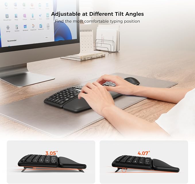 Ergonomic Keyboard Mouse Wireless Combo, Full Size Bluetooth Split Keyboard with Wrist Rest, 4 Level DPI Ergo Mouse for Windows Mac OS Computer, Black - Image 5