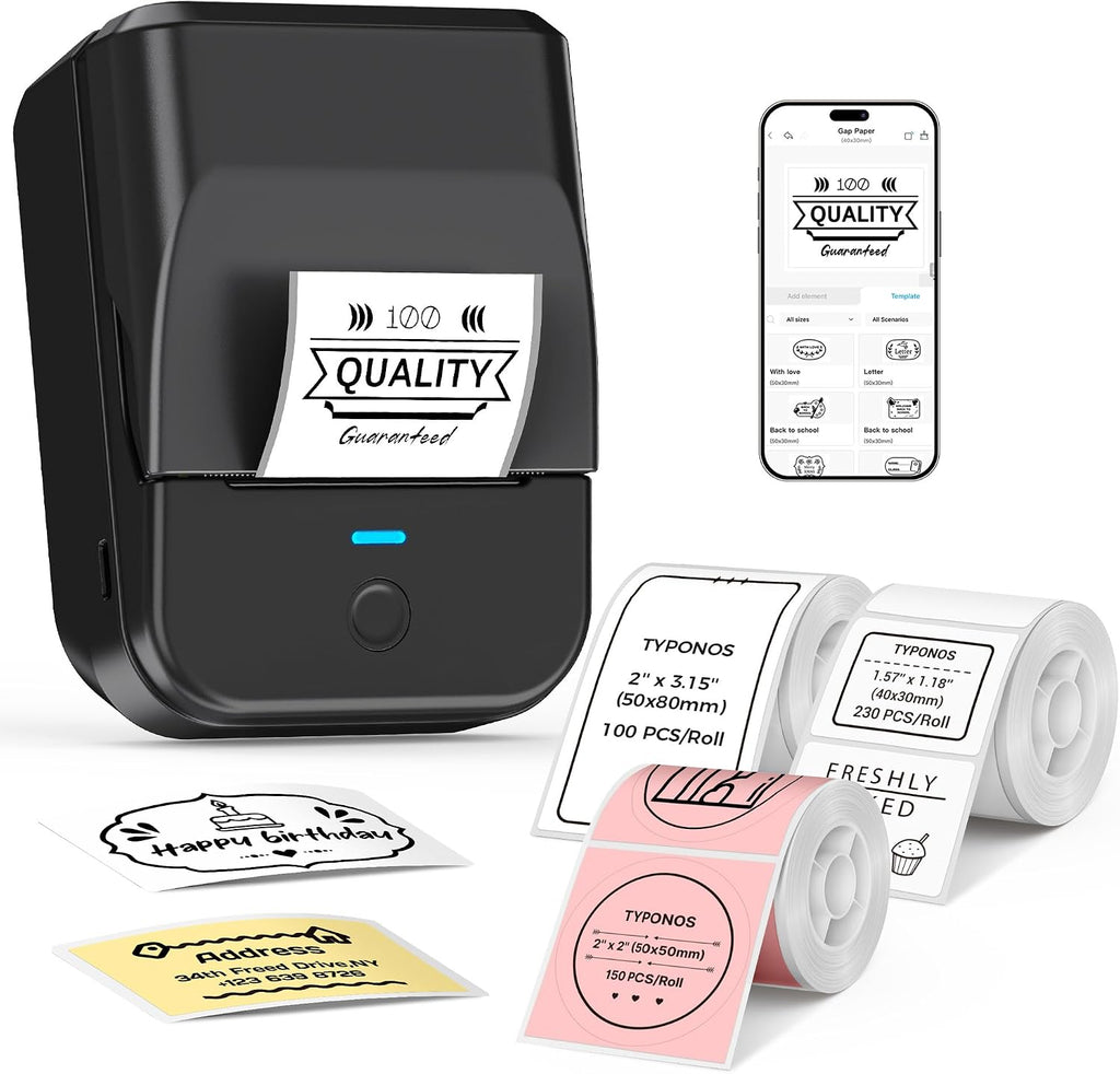 PM240 Label Maker Machine, Black, 3 Rolls with 40x30mm White Labels by TYPONOS