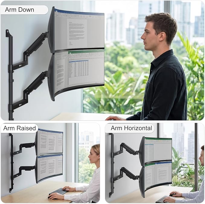 WALI Vertical Dual Monitor Wall Mount for 13-49 inch Screens, 44lbs per Arm | Heavy Duty Stacked Ultrawide Monitor Arm for Wall, Full Motion with Tilt, Swivel, Rotation, VESA 75/100mm (GSWM002-P), Black - Image 9