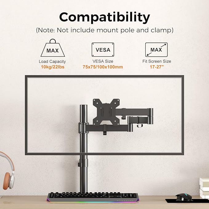suptek Single Monitor Arm, Universal 3 Tier Arm Fully Adjustable Pole Mount Bracket Monitor Mounting for 13 to 27 inch Screen, Weight up to 22lbs, Mounting Holes 75x75mm to 100x100mm,Black - Image 2