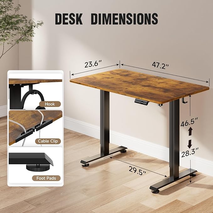 Veken 47.2 Inch Large Electric Standing Desk, Gaming Table, Brown | Height Adjustable Sit Stand Up Computer Tables for Home Office, Study , Writing, Suit students, employees and group work - Image 3
