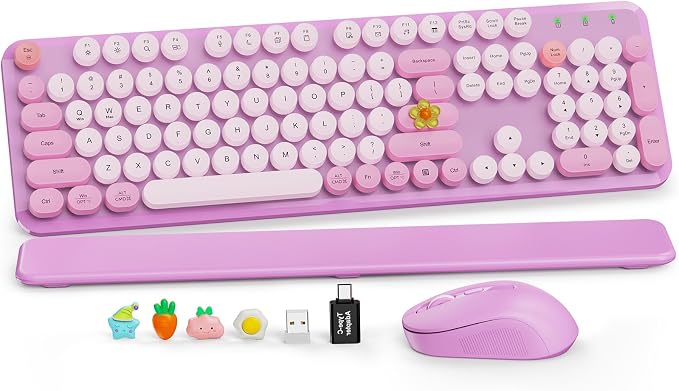 Wireless Keyboard and Mouse Combo, Round Keycaps, Full-Size Retro Typewriter Keyboard with Magnetic Wrist Rest, Tilt Legs, 2.4GHz Cordless Connection for Mac/Windows/PC, SABLUTE CK23, Lavender Purple | Full-Size Typewriter-Style Keyboard, Tilt Legs, 2.... by SABLUTE