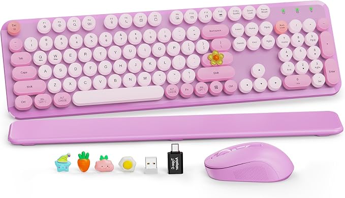 Wireless Keyboard and Mouse, Round Keycaps, Magnetic Wrist Rest, Lilac | Full-Size Retro Typewriter-Style Keyboard, Tilt Legs, Auto Sleep, 2.4GHz Cordless for MacOS, Windows PC, Laptop, SABLUTE by SABLUTE
