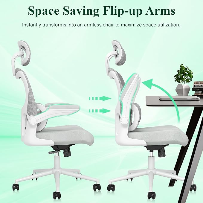 SUNNOW Ergonomic Office Chair, Comfy Mesh Desk Chair, High Back Computer Gaming Chairs with Adjustable Lumbar Support, Flip-Up Arms, Headrest, Tilt Function, Wide Cushion, Swivel Rolling Wheel (Grey) - Image 6