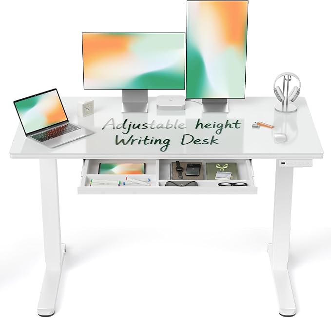 BANTI 48"x24" Standing Desk with Glass Top, Height Adjustable Computer Desk with Drawer, One-piece Rising Home Office Desks with Positon Memory, Sit Stand Up Electric Workstation Table, White by Bantifurniture