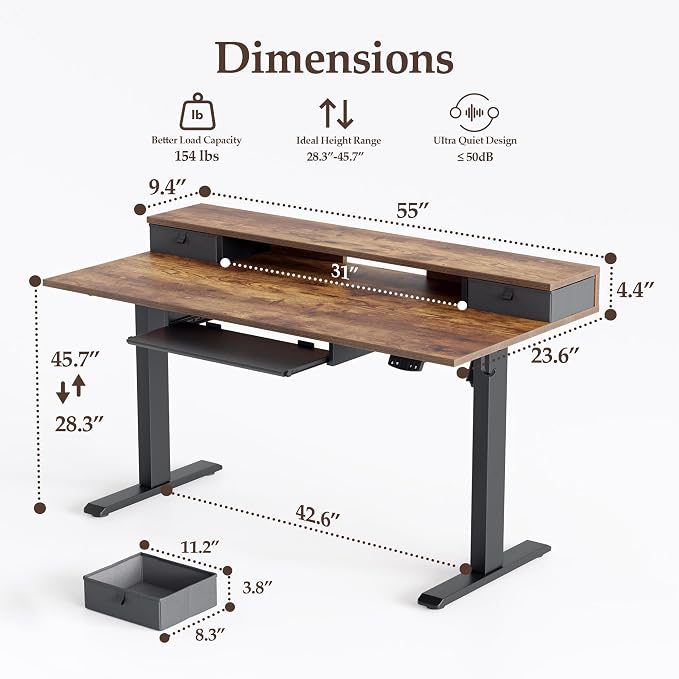 Klicelor 55 x 24 Inch Electric Standing Desk with Drawers and Keyboardtray, Adjustable Height Small Sit Stand Desk for Home Office, Compact Computer Workstation with Storage- Rustic Brown - Image 3