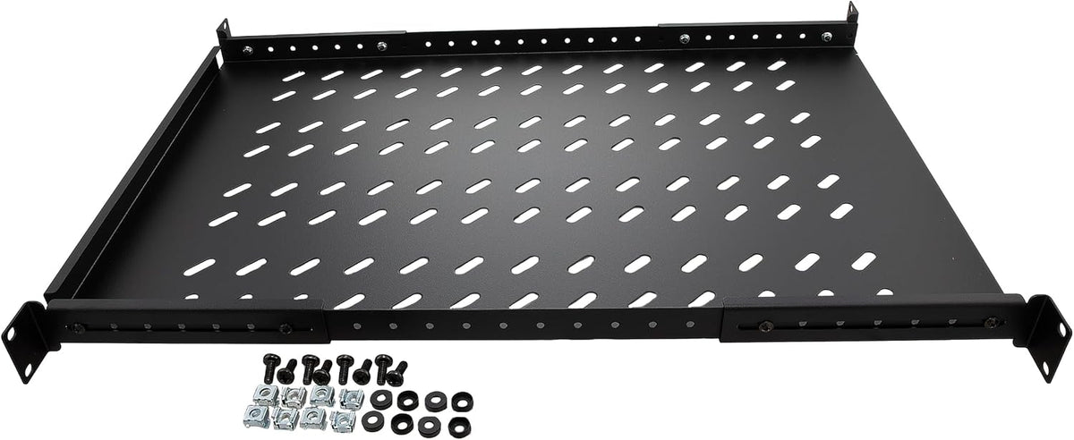 Vented 4-Post Shelf, Adjustable, Black, 650 mm Depth, 1U, 242 lbs, Cold Rolled Steel, CE Compliant - Image 3