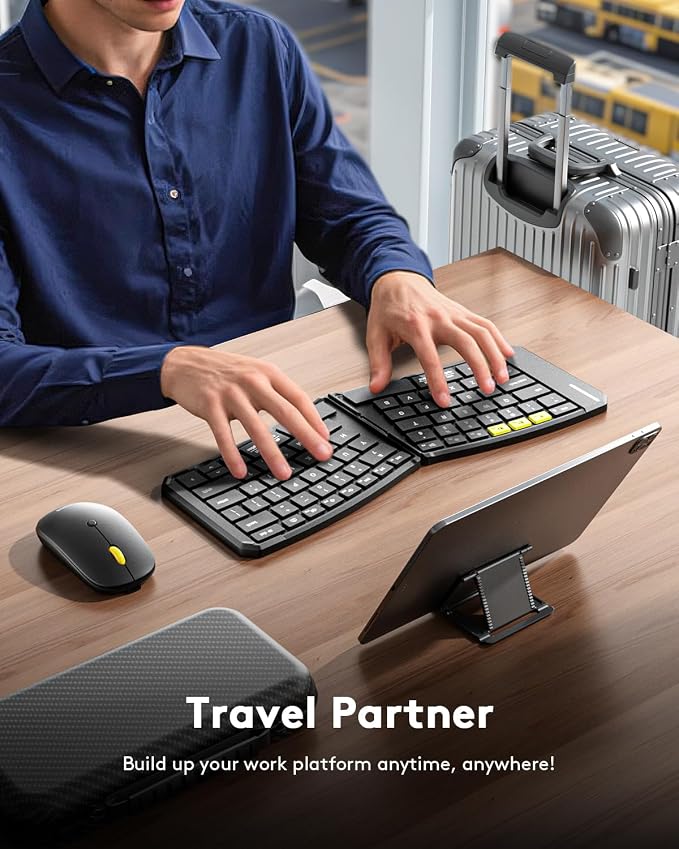 Samsers Ergonomic Split Foldable Keyboard and Mouse for Travel and Business | PU Leather Cover, Split Design, 6-Row Layout, 3 Devices Switching, 2.4G + BT5.0 x2, Quiet Mouse, Hard Case, USB-C Charging - Image 7