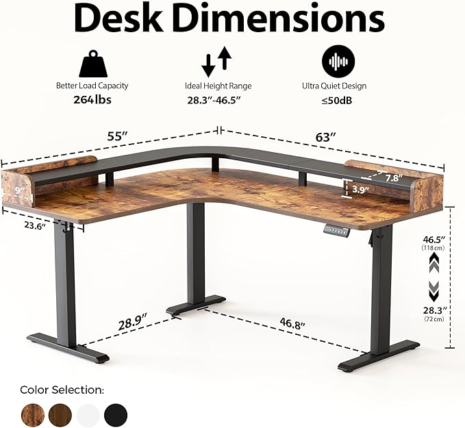 Agilestic L Shaped Standing Desk with Monitor Shelf, 63 Inch, Rustic Brown | Electric Height Adjustable, Dual Monitor Setup, Spacious Corner Desktop, Sturdy Steel Frame, Memory Presets, 264 lbs - Image 2