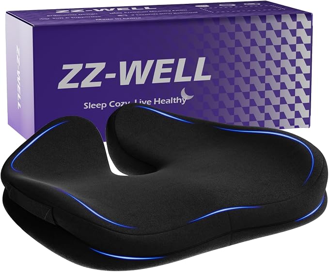 ZZ-WELL Seat Cushions for Office Chairs, Patented Pressure Relief Coccyx Cushion for Tailbone Pain, Memory Foam Butt Pillows for Wheelchair Car Sitting, Carrying Handle, Non-Slip (Black, Large) by ZZ-WELL