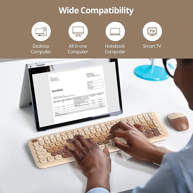 surmen Brown Quiet Keyboard and Mouse Wireless, Full-Size Retro Typewriter Wireless Cute Colorful Keyboard with Low-Noise 2.4GHz for Home and Office（Coffee - Image 5
