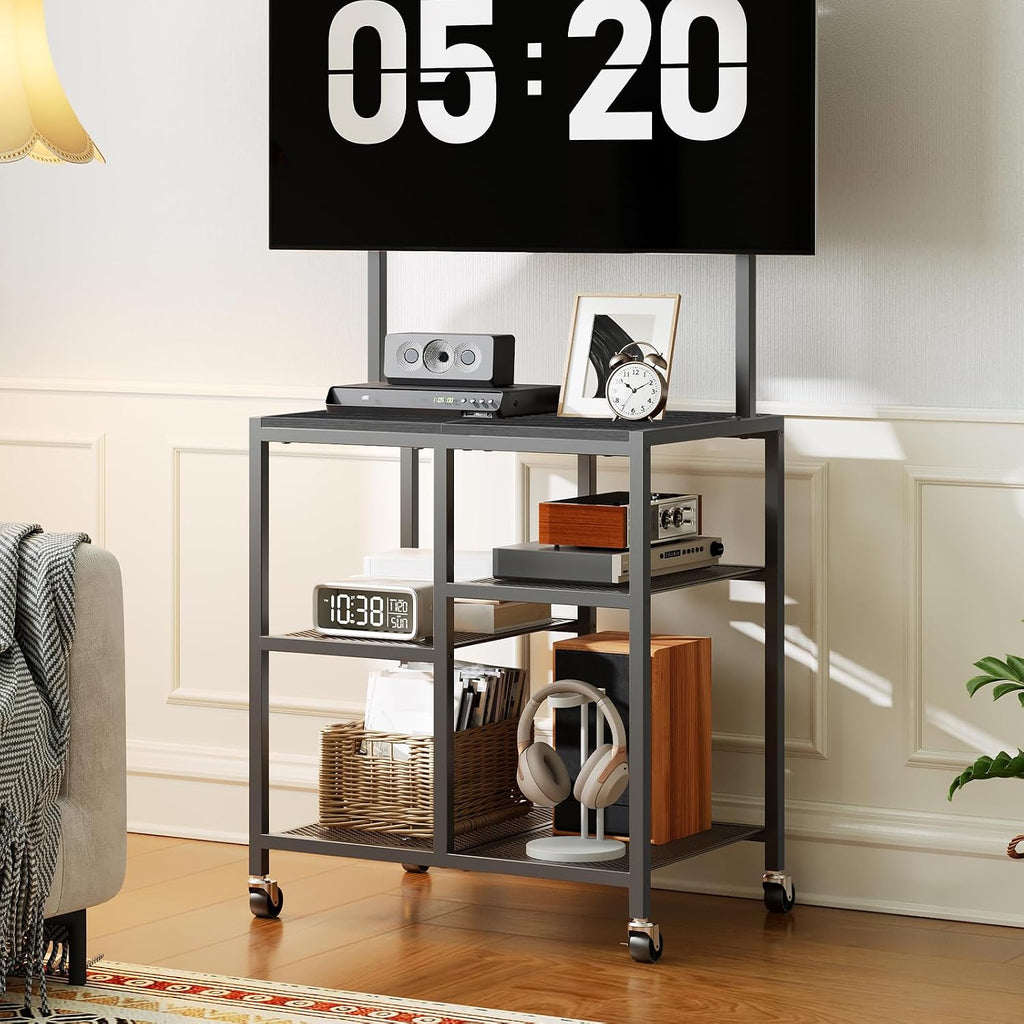 HOOBRO Small TV Stand with Wheels and Mount for 50 Inch TVs, Mobile Rolling TV Stand with Storage Shelves, Small Entertainment Center, for Living Room, Bedroom, Study, Black BB37DS01 by HOOBRO