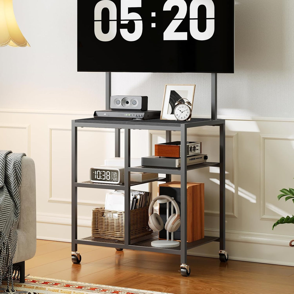 HOOBRO Small TV Stand with Wheels and Mount for 50 Inch TVs, Mobile Rolling TV Stand with Storage Shelves, Small Entertainment Center, for Living Room, Bedroom, Study, Black BB37DS01 by HOOBRO