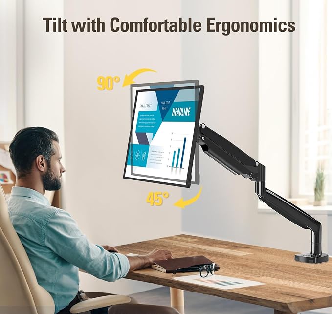 Single Monitor Mount Holds Screen up to 32", Height Adjustable Monitor Arm, Full Motion Computer Monitors Stand with Clamp/Grommet Base, VESA Mounts Fit 4.4-17.6lbs Computer, Black - Image 8