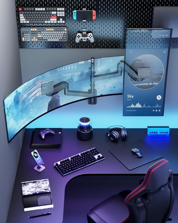 ARES WING Dual Monitor Wall Mount for 24-57 Inch Ultrawide Screen, Black | Premium Heavy Duty Gaming Monitor Arm for 60 lbs, Full Motion Gas Spring, Bearing Head for Easy Adjustment, 75/100 VESA Mount - Image 8