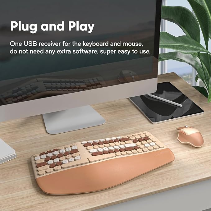 Wireless Ergonomic Keyboard and Mouse Combo with PU Wrist Rest, Carpal Tunnel Keyboard, 2.4G Colorful Split Ergo Keyboard, Comfortable Natural Typing, Compatible with PC/Laptop (Milk Tea) - Image 5