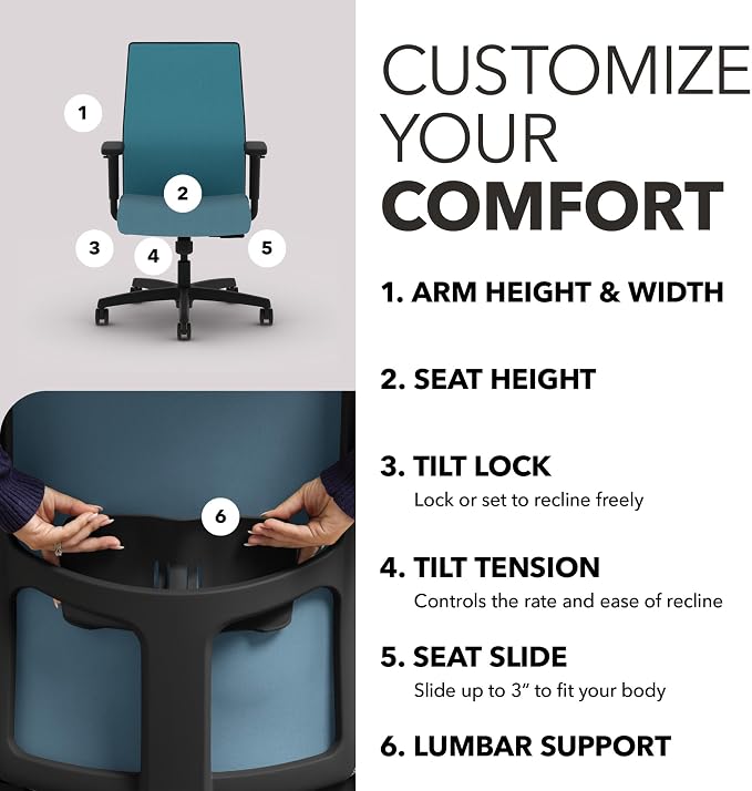 HON Ignition 2.0 Ergonomic Office Chair, Lumbar Support, Desk Chair, Sky | Ergonomic office desk chair with lumbar support, adjustable arms, office decor, workstation comfort for focused productivity - Image 3